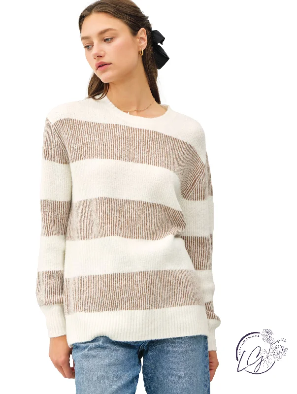 Plus Size Women's Side - Slit Sweaters in Bold SolidsOversized Stripe Sweater