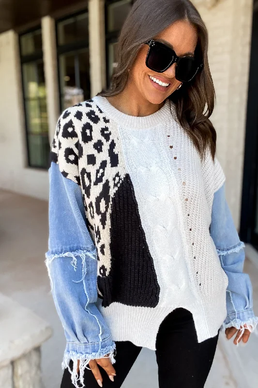 Boat Neck Women's Merino Wool Sweaters in Neutral ShadesPerfectly Content Oat/Ivory/Grey Color Block Sweater Top With Denim Sleeves Boat Neck Women's Merino Wool Sweaters in Neutral ShadesPerfectly Content Oat/Ivory/Grey Color Block Sweater Top With Denim Sleeves