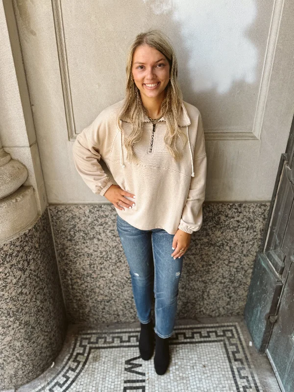Polar Collar Half Zip Sweatshirt-Oatmeal