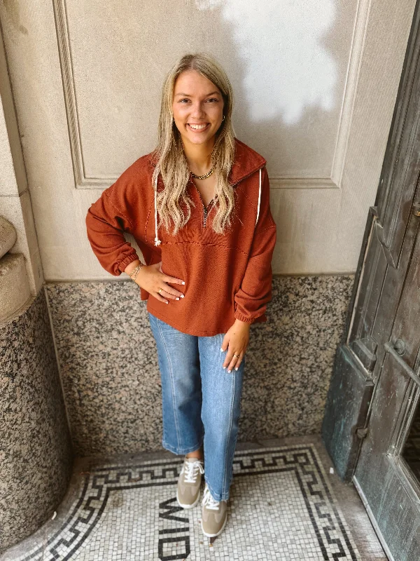 Polar Collar Half Zip Sweatshirt-Rust