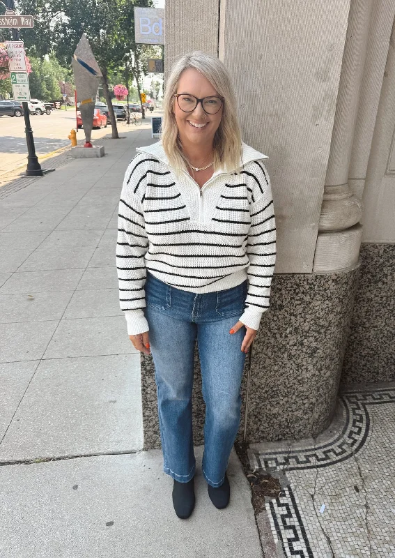 Plus Size Women's Belted Cable Knit SweatersPrep French Ivory Striped Quarter Zip Sweater Plus Size Women's Belted Cable Knit SweatersPrep French Ivory Striped Quarter Zip Sweater