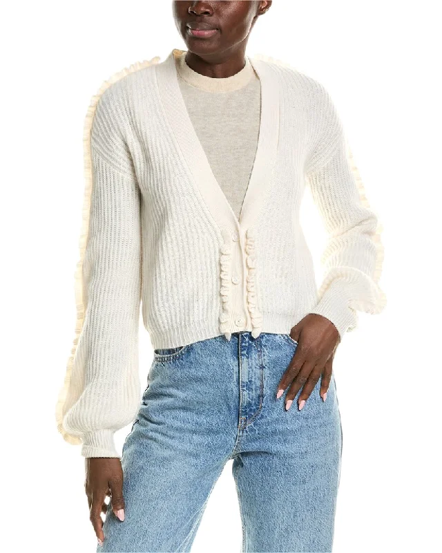 long length women cardigan with side slitsQUINN Ruffle Trim Cashmere Cardigan