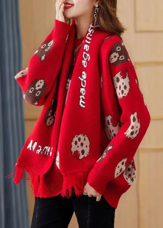 Hooded Women's Fleece - Lined Sweaters for WinterRed Print Chunky Knit Sweater Free Scarf Winter Hooded Women's Fleece - Lined Sweaters for WinterRed Print Chunky Knit Sweater Free Scarf Winter