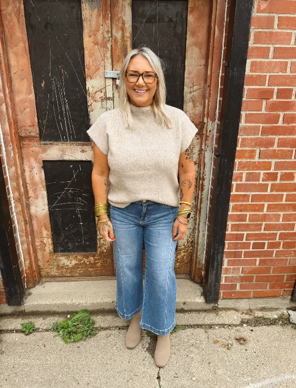 Plus Size Women's Side - Slit Sweaters in Bold SolidsTaupe Mock Neck Sleeveless Sweater Top Plus Size Women's Side - Slit Sweaters in Bold SolidsTaupe Mock Neck Sleeveless Sweater Top