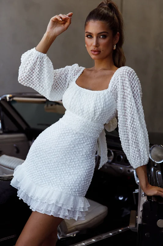 Strapless Women Dress with a Built - in Bra for Comfort and SupportAbby Frill Hem Lace Dress White Strapless Women Dress with a Built - in Bra for Comfort and SupportAbby Frill Hem Lace Dress White