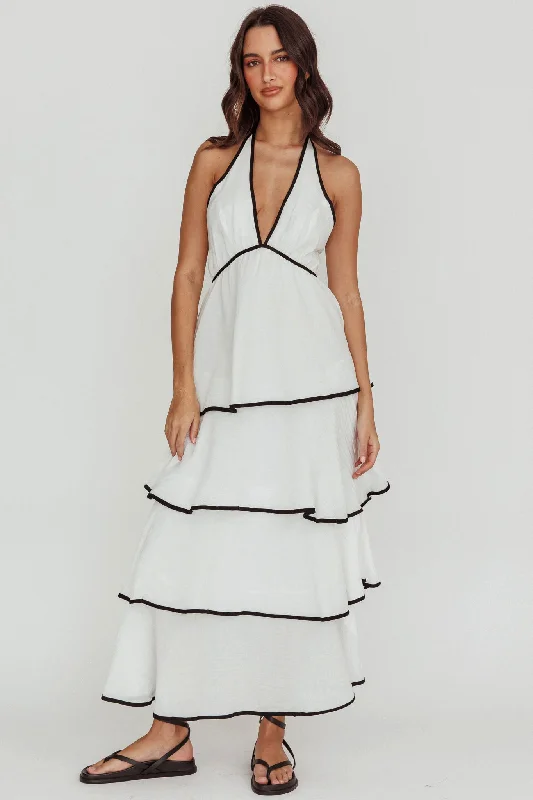 Ball Gown Women Dress with a Full Skirt for a Princess - like LookCatalina Tiered Ruffle Maxi Dress White/Black Ball Gown Women Dress with a Full Skirt for a Princess - like LookCatalina Tiered Ruffle Maxi Dress White/Black