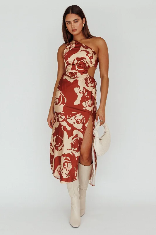 Sleeveless Women Dress in Bright Colors for Summer PartiesCharisma One-Shoulder Cut-Out Midi Dress Floral Coffee Sleeveless Women Dress in Bright Colors for Summer PartiesCharisma One-Shoulder Cut-Out Midi Dress Floral Coffee