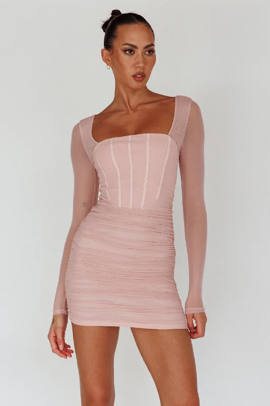 Dream Catcher Long Sleeve Ruched Mini Dress Blush