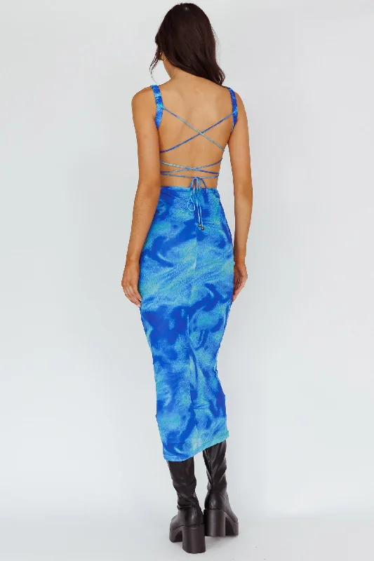 Mermaid - Style Women Dress with a Fitted Silhouette for Special OccasionsDream Crush Lace-Up Back Side Split Maxi Dress Swirl Blue Mermaid - Style Women Dress with a Fitted Silhouette for Special OccasionsDream Crush Lace-Up Back Side Split Maxi Dress Swirl Blue