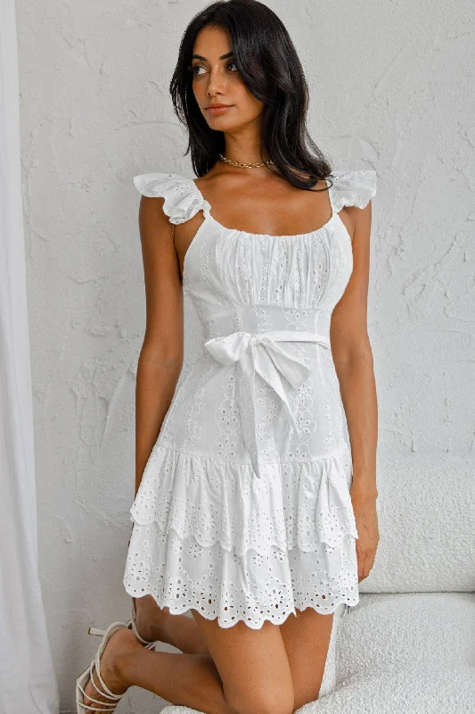 Fairytale Ending Ruffle Strap Eyelet Dress White