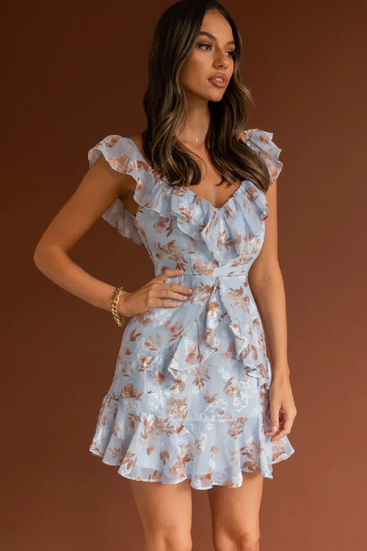 Off - the - Shoulder Women Dress for a Romantic and Feminine LookFlower Child Frill V-Neckline Dress Floral Blue Off - the - Shoulder Women Dress for a Romantic and Feminine LookFlower Child Frill V-Neckline Dress Floral Blue