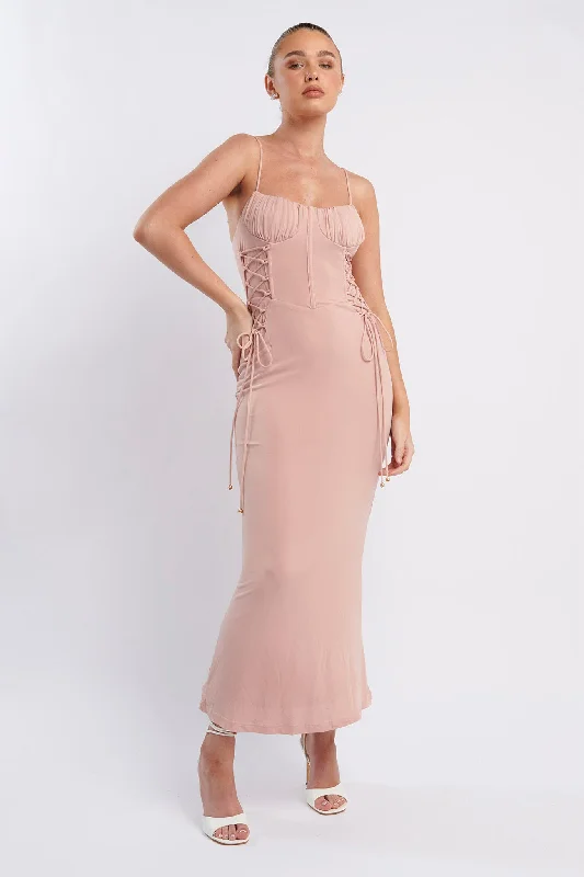 Backless Women Dress for a Sexy and Alluring Look at Evening EventsGraziella Laced Corset Midi Dress Nude