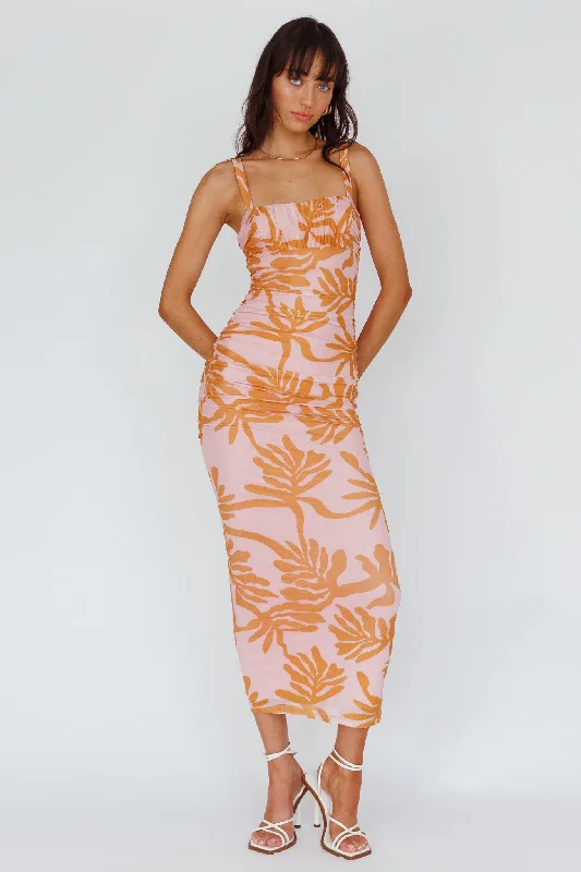 Printed Abstract Women Dress for a Modern and Artistic AppealHawaiian Sun Ruched Bust Midi Dress Print Pink Printed Abstract Women Dress for a Modern and Artistic AppealHawaiian Sun Ruched Bust Midi Dress Print Pink