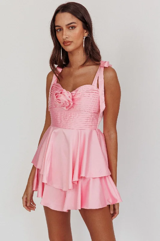 Kelia Bow Strap Rosette Romper Pink