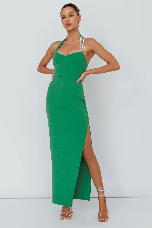 Pleated Women Dress with a Timeless and Elegant TextureLeading Role Diamante Strap Halter Dress Green Pleated Women Dress with a Timeless and Elegant TextureLeading Role Diamante Strap Halter Dress Green