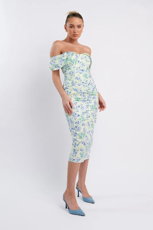 Printed Abstract Women Dress for a Modern and Artistic AppealLillianne Off-Shoulder Midi Dress Floral Blue Printed Abstract Women Dress for a Modern and Artistic AppealLillianne Off-Shoulder Midi Dress Floral Blue