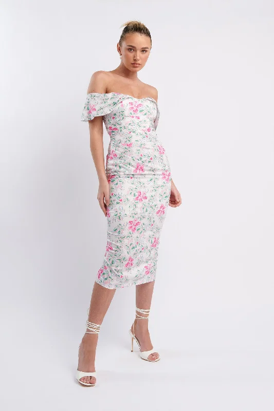 Sleeveless Women Dress in Bright Colors for Summer PartiesLillianne Off-Shoulder Midi Dress Floral Pink Sleeveless Women Dress in Bright Colors for Summer PartiesLillianne Off-Shoulder Midi Dress Floral Pink