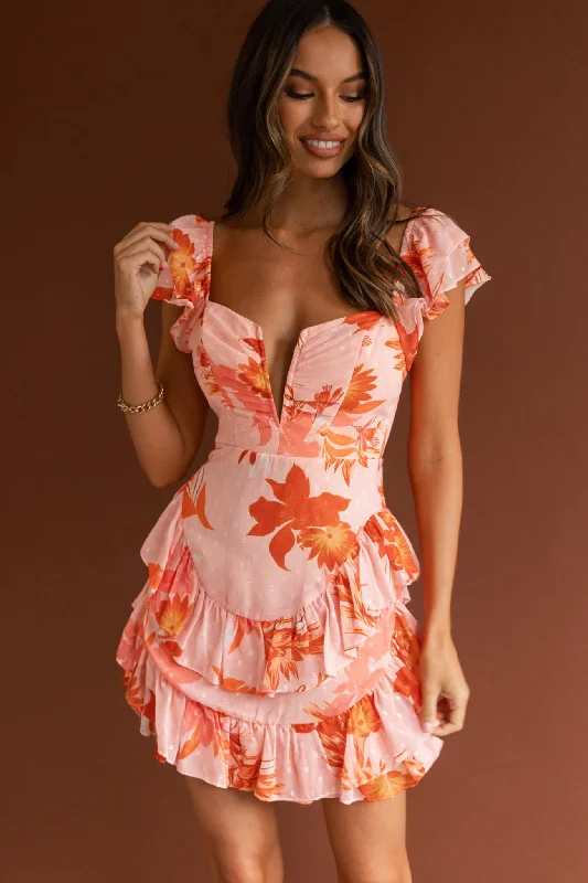 Backless Women Dress for a Sexy and Alluring Look at Evening EventsLiz Ruffle Shoulder Dress Floral Orange Backless Women Dress for a Sexy and Alluring Look at Evening EventsLiz Ruffle Shoulder Dress Floral Orange
