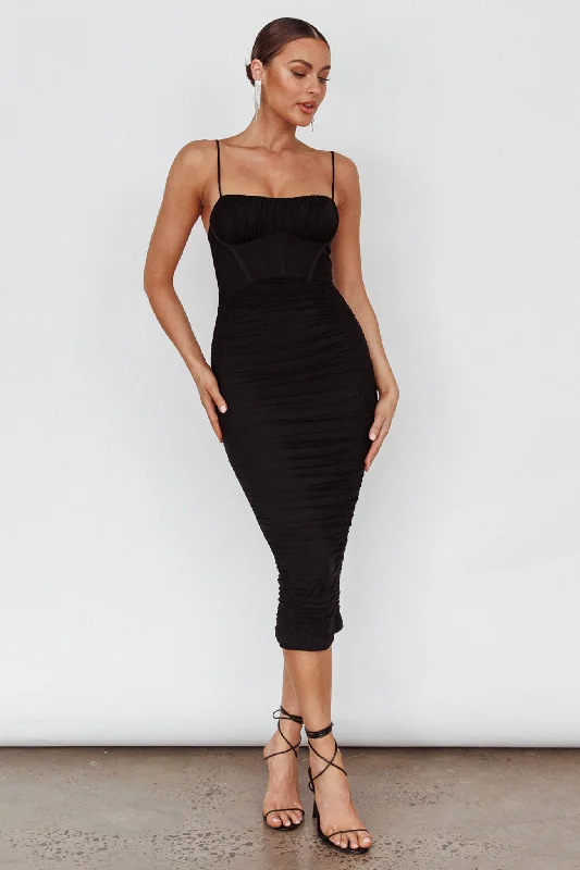 Mermaid - Style Women Dress with a Fitted Silhouette for Special OccasionsMalibu Sun Ruched Midi Dress Barbie Black Mermaid - Style Women Dress with a Fitted Silhouette for Special OccasionsMalibu Sun Ruched Midi Dress Barbie Black