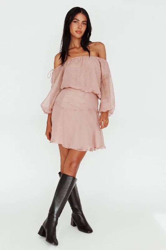 Plus Size Women Dress with a Flattering A - Line Cut for Comfort and StyleMariona Off Shoulder Long Sleeve Mini Dress Blush Plus Size Women Dress with a Flattering A - Line Cut for Comfort and StyleMariona Off Shoulder Long Sleeve Mini Dress Blush