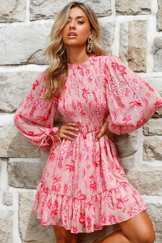 Mini Women Dress with a Short Hem for a Young and Trendy StyleMarja Long Balloon Sleeve Shirred Dress Floral Print Pink Mini Women Dress with a Short Hem for a Young and Trendy StyleMarja Long Balloon Sleeve Shirred Dress Floral Print Pink