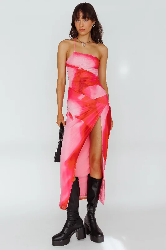 Pleated Women Dress with a Timeless and Elegant TextureMartine One Strap Mesh Midi Dress Print Pink Pleated Women Dress with a Timeless and Elegant TextureMartine One Strap Mesh Midi Dress Print Pink