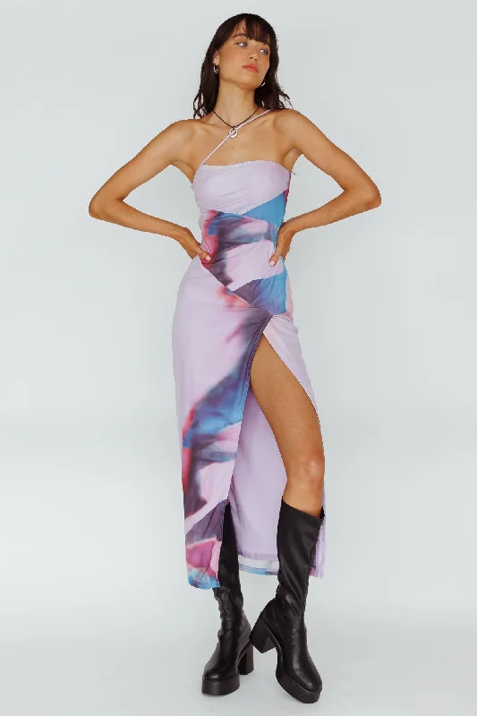 Empire Waist Women Dress to Accentuate the Bust and Conceal the WaistMartine One Strap Mesh Midi Dress Print Plum Empire Waist Women Dress to Accentuate the Bust and Conceal the WaistMartine One Strap Mesh Midi Dress Print Plum