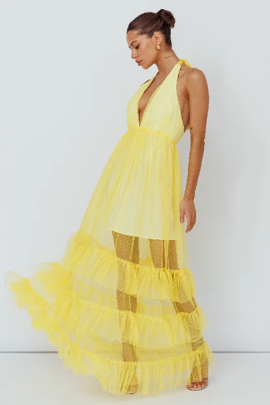 Plus Size Women Dress with a Flattering A - Line Cut for Comfort and StyleMoonlight Sonata Ruffle Mesh Maxi Dress Hail Spot Lemon Plus Size Women Dress with a Flattering A - Line Cut for Comfort and StyleMoonlight Sonata Ruffle Mesh Maxi Dress Hail Spot Lemon