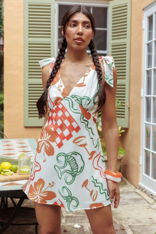 Printed Abstract Women Dress for a Modern and Artistic AppealMykonos Morning Tied Shoulder Mini Dress Print White Printed Abstract Women Dress for a Modern and Artistic AppealMykonos Morning Tied Shoulder Mini Dress Print White