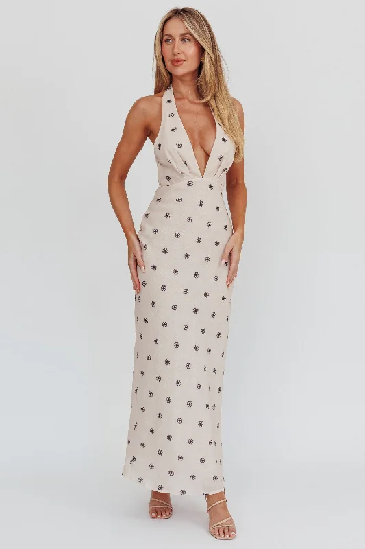 Plus Size Women Dress with a Flattering A - Line Cut for Comfort and StyleOf Your Dreams Plunging Halter Dress Oat Plus Size Women Dress with a Flattering A - Line Cut for Comfort and StyleOf Your Dreams Plunging Halter Dress Oat