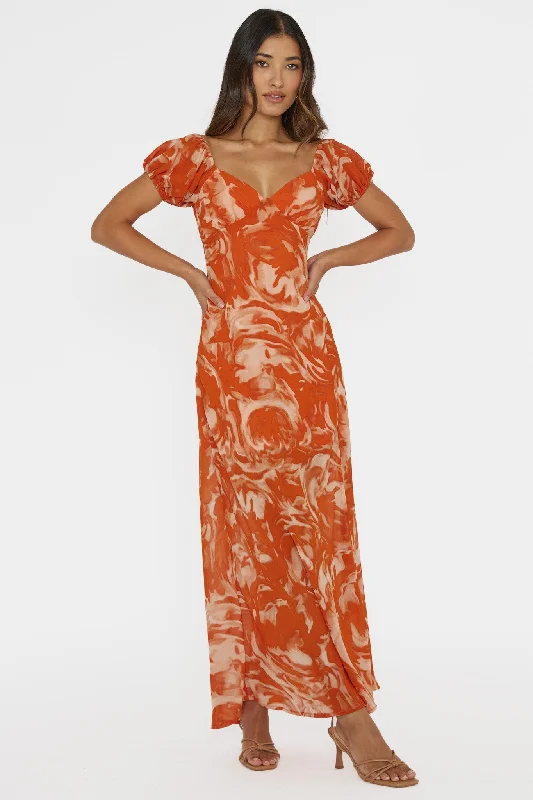 Park Avenue Puff Sleeve Midi Dress Print Orange