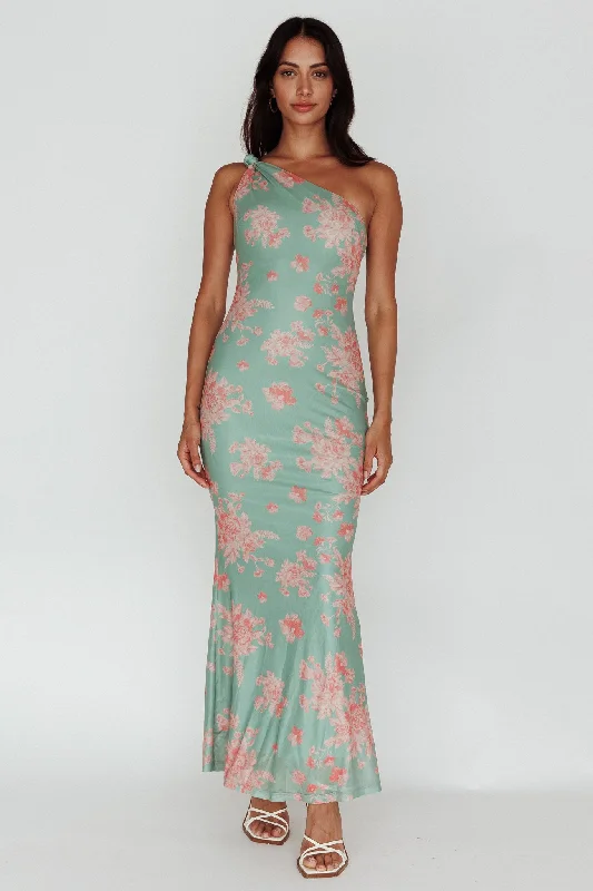 Ball Gown Women Dress with a Full Skirt for a Princess - like LookPortland One-Shoulder Jersey Maxi Dress Floral Green Ball Gown Women Dress with a Full Skirt for a Princess - like LookPortland One-Shoulder Jersey Maxi Dress Floral Green