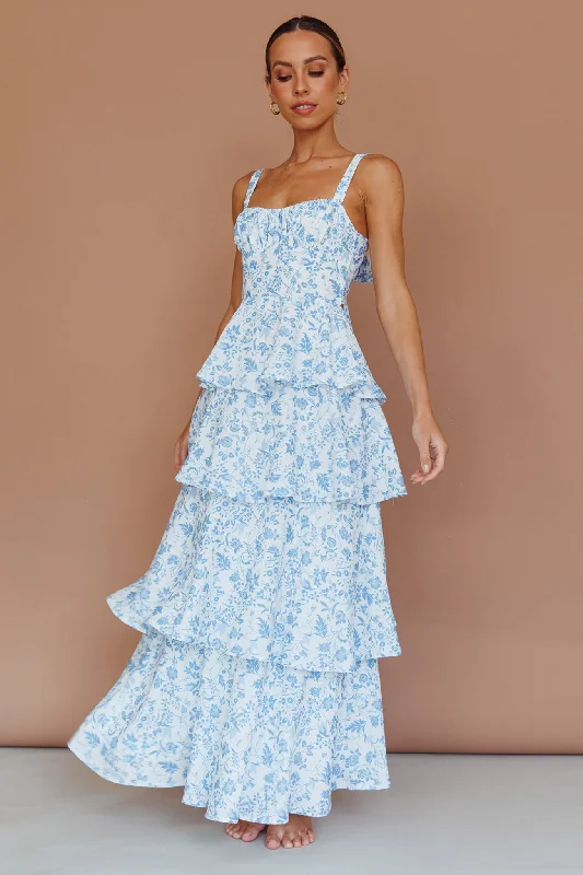 Ruffled Women Dress with Multiple Layers for a Playful and Girly StyleProvence Bloom Tiered Midi Dress Floral Blue Ruffled Women Dress with Multiple Layers for a Playful and Girly StyleProvence Bloom Tiered Midi Dress Floral Blue