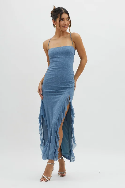 Maxi Women Dress with Floral Print for a Bohemian VibeRosilyn Split Ruffle Midi Dress Blue Maxi Women Dress with Floral Print for a Bohemian VibeRosilyn Split Ruffle Midi Dress Blue