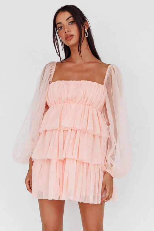 Printed Abstract Women Dress for a Modern and Artistic AppealSpring Morning Long Sleeve Tiered Mini Dress Pink Printed Abstract Women Dress for a Modern and Artistic AppealSpring Morning Long Sleeve Tiered Mini Dress Pink