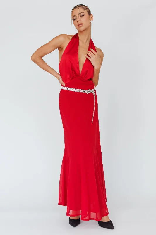 Ruffled Women Dress with Multiple Layers for a Playful and Girly StyleVision Halterneck Midi Dress Cherry Ruffled Women Dress with Multiple Layers for a Playful and Girly StyleVision Halterneck Midi Dress Cherry