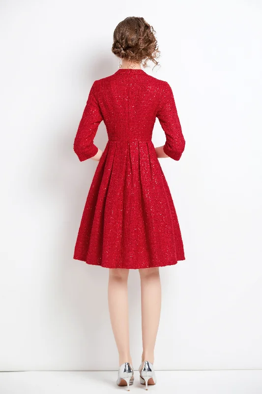 Pleated Women Dress with a Timeless and Elegant Texture Pleated Women Dress with a Timeless and Elegant Texture Red Office Classic A-line Crewneck Elbow Sleeve Knee Dress Pleated Women Dress with a Timeless and Elegant Texture Pleated Women Dress with a Timeless and Elegant Texture Red Office Classic A-line Crewneck Elbow Sleeve Knee Dress