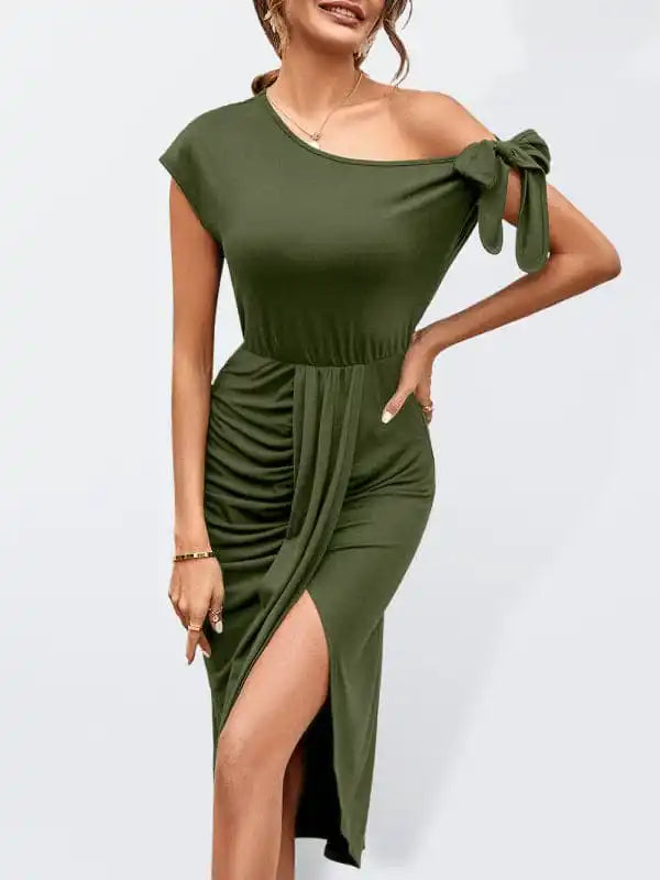 Wrap - Style Women Dress with Adjustable Fit for All Body Types Wrap - Style Women Dress with Adjustable Fit for All Body Types Women’s Solid Color Casual Knit Slant Neck Slit Waist Dress Wrap - Style Women Dress with Adjustable Fit for All Body Types Wrap - Style Women Dress with Adjustable Fit for All Body Types Women’s Solid Color Casual Knit Slant Neck Slit Waist Dress