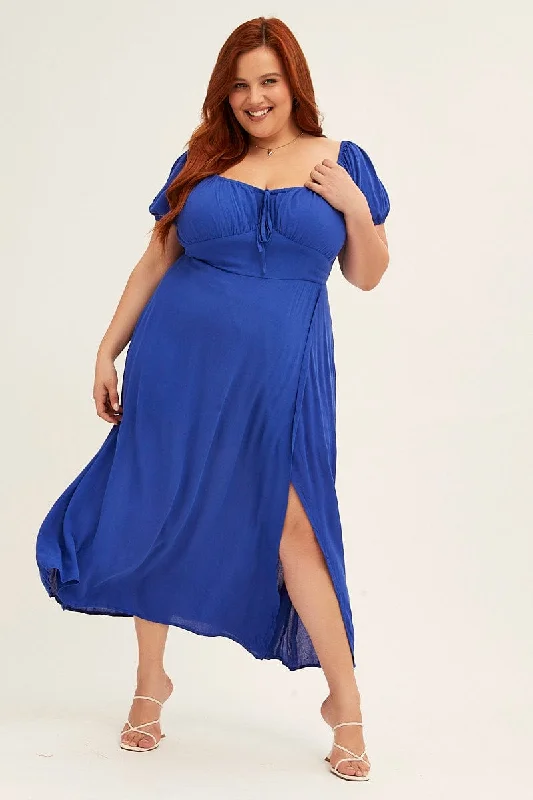 Azure Midi Dress Puff Sleeve With Split Crinkle Rayon