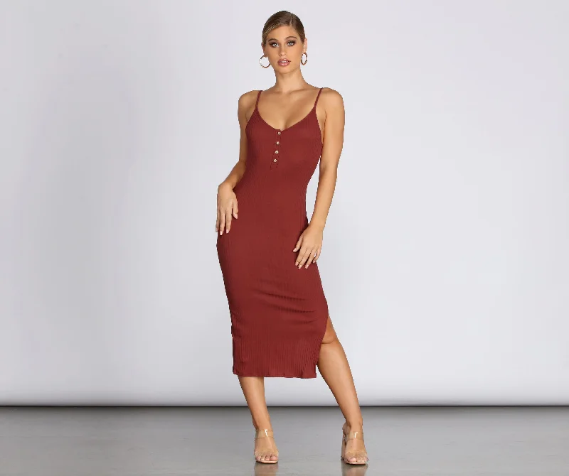 A - line midi dresses with floral prints for spring brunchesBasic Button Knit Midi Dress