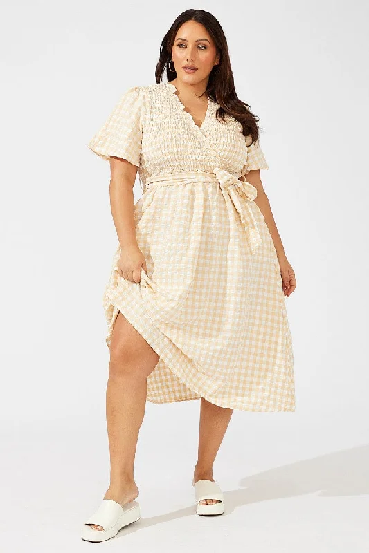 Midi dresses with halter necks for a stylish and comfortable optionBeige Check Gingham Wrapover Shirred Front Midi Dress