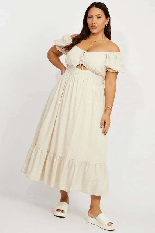 Midi dresses with gathered skirts for a full and flowing silhouetteBeige Midi Dress Short Sleeve Ruched Bust