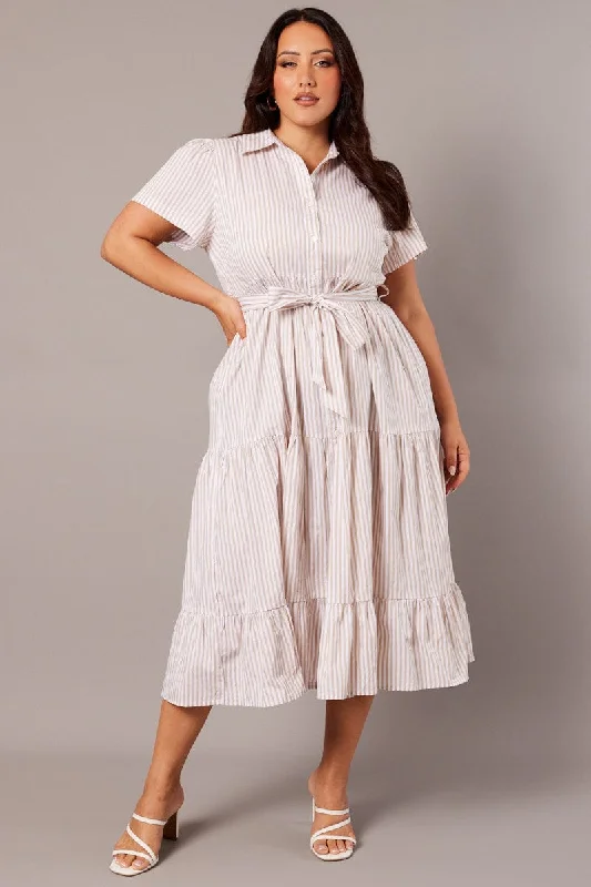 Midi dresses with side slits for a sexy and elegant appearanceBeige Stripe Midi Dress Short Sleeve Shirt Tiered
