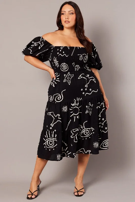 Midi dresses with lace - up fronts for a unique and adjustable styleBlack Abstract Midi Dress Short Sleeve Shirred
