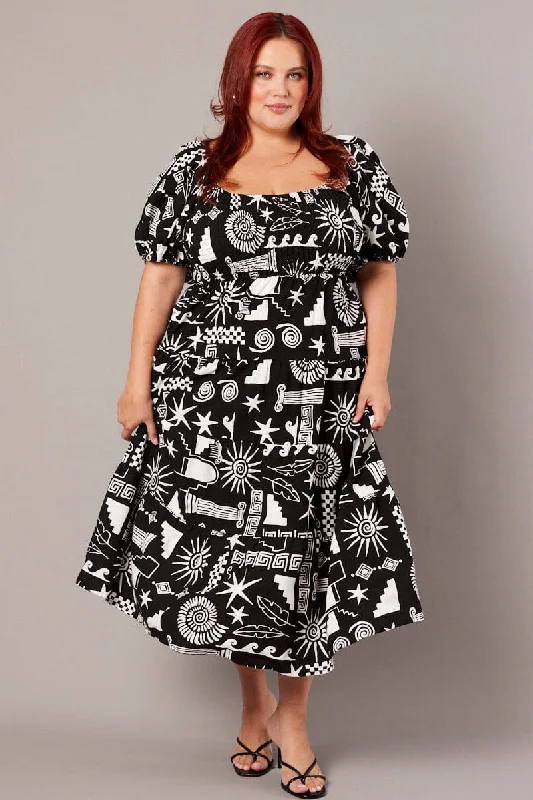 Sheath midi dresses with beaded embellishments for a formal occasionBlack Abstract Midi Dress Short Sleeve Shirred Linen Blend