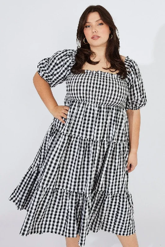 Midi dresses with ruched bodices for a feminine and fitted feelBlack Check Midi Dress Short Sleeve Shirred Tie Back
