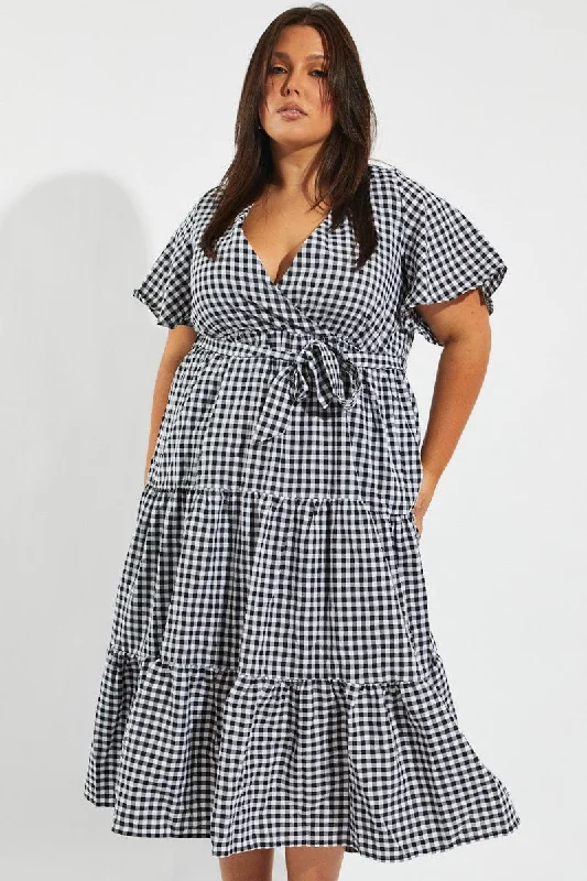 Midi dresses with metallic threads for a glamorous evening eventBlack Check Midi Dress Short Sleeve Wrap Front Self Tie