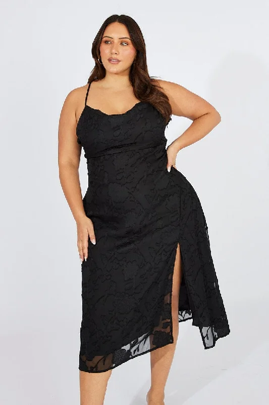 Velvet midi dresses in jewel tones for a glamorous winter eventBlack Cowl Burnout Midi Dress