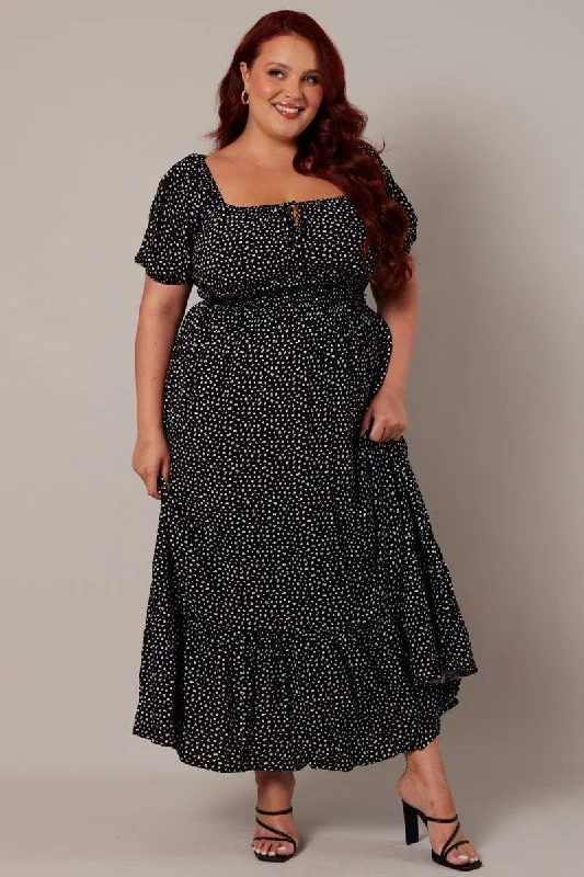Midi dresses with pom - pom trims for a playful and festive lookBlack Ditsy Midi Dress Short Sleeve Tiered
