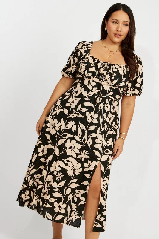 Midi dresses with V - necklines for a flattering and elongating effectBlack Floral Midi Dress Short Sleeve Linen Blend